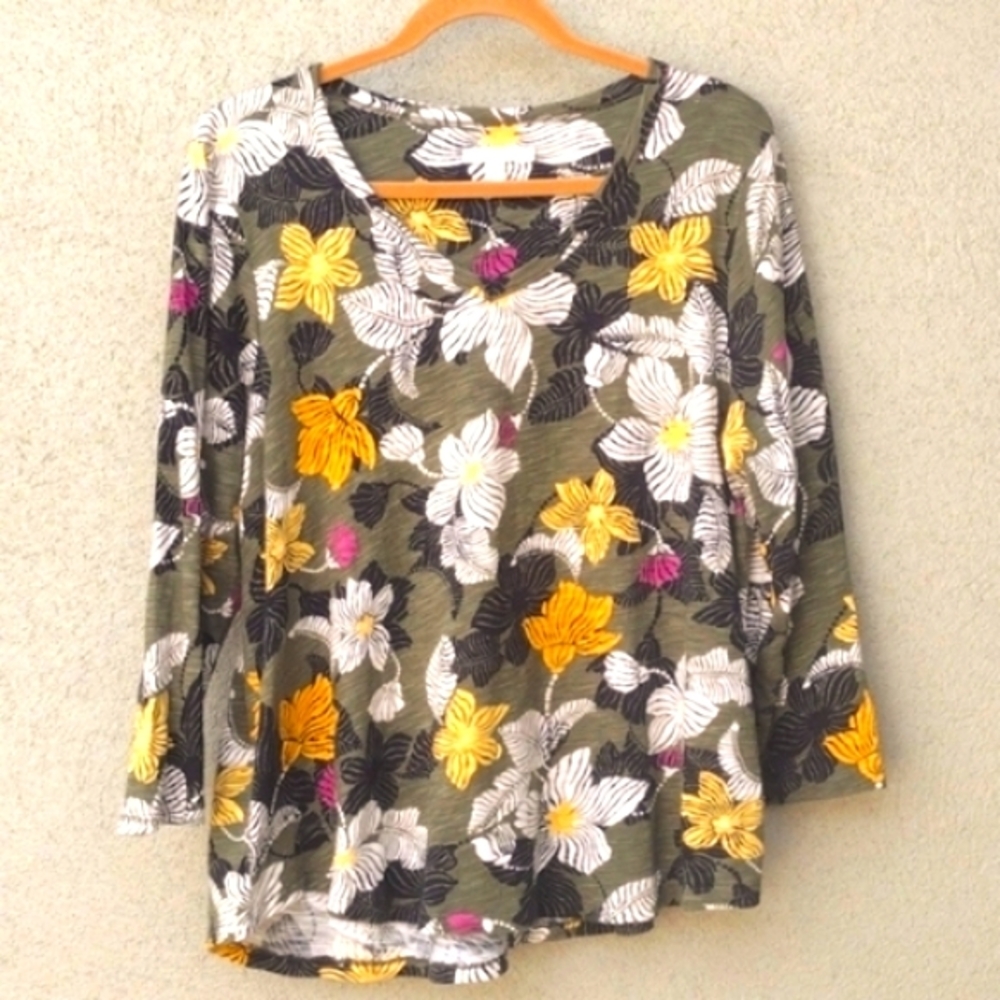 Flawed Chico's Green Floral Long Sleeve Top 3 (XL)